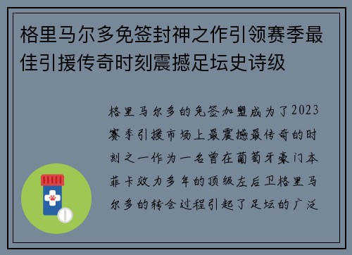 格里马尔多免签封神之作引领赛季最佳引援传奇时刻震撼足坛史诗级 格里马尔多免签封神之作引领赛季最佳引援传奇时刻震撼足坛史诗级